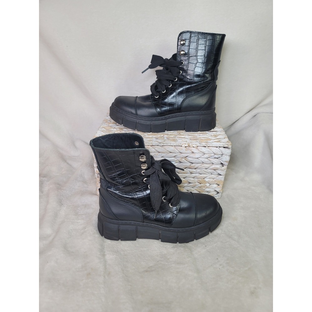 Alohas Goth Punk Leather Platform Combat Boots Festival Black Croc Embossed US 6